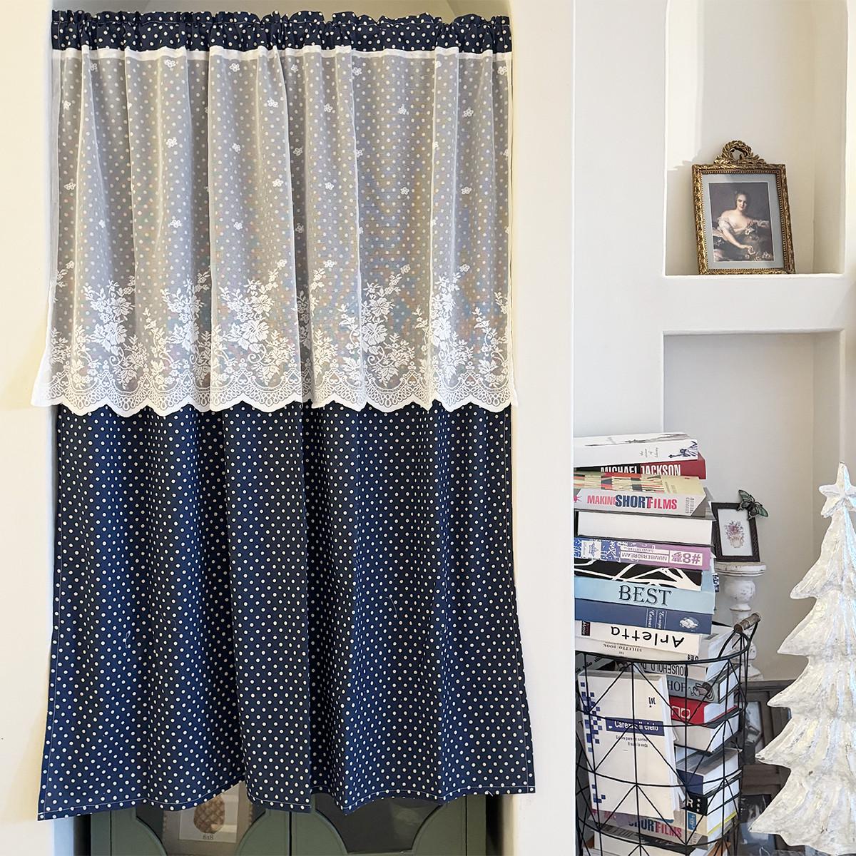 复古波点水玉蕾丝半帘厨房窗帘半帘门帘免打孔穿杆挂钩麻棉