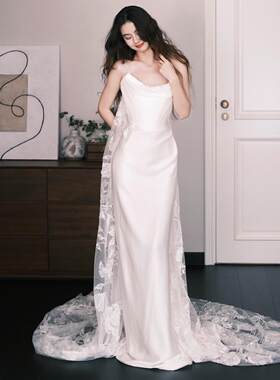 抹胸轻婚纱法式缎面蕾丝迎宾出门纱鱼尾超仙森系新娘结婚晨袍礼服