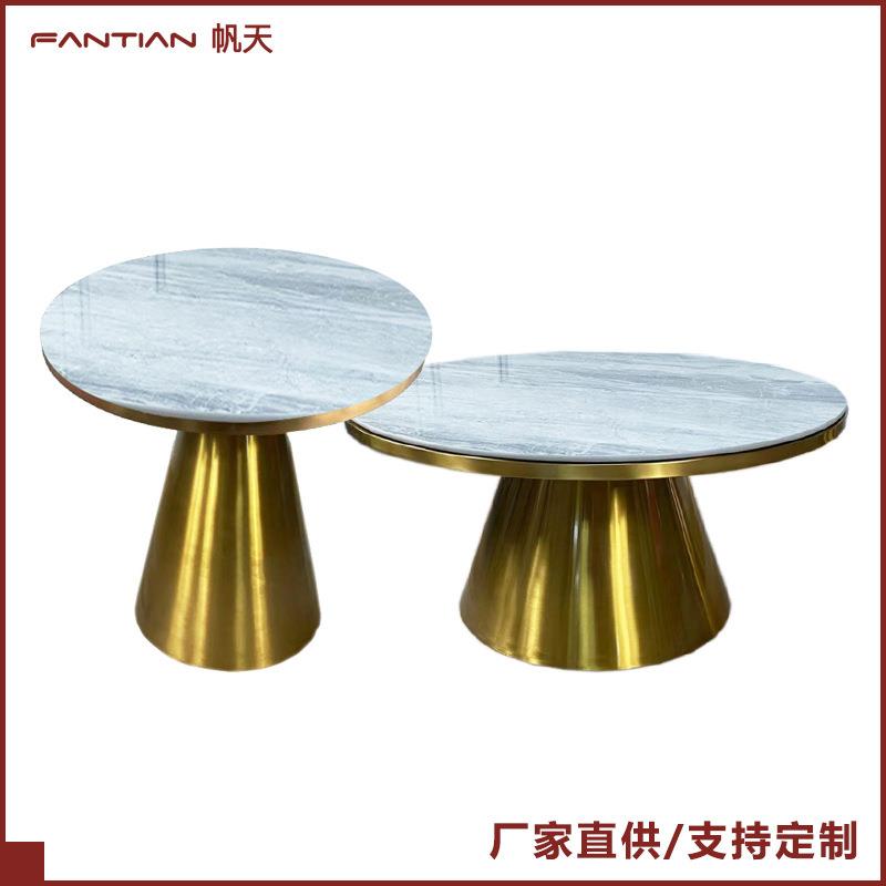 现代轻奢款不锈钢桌脚镀金色配岩板小圆桌成品酒店展厅洽谈桌茶几