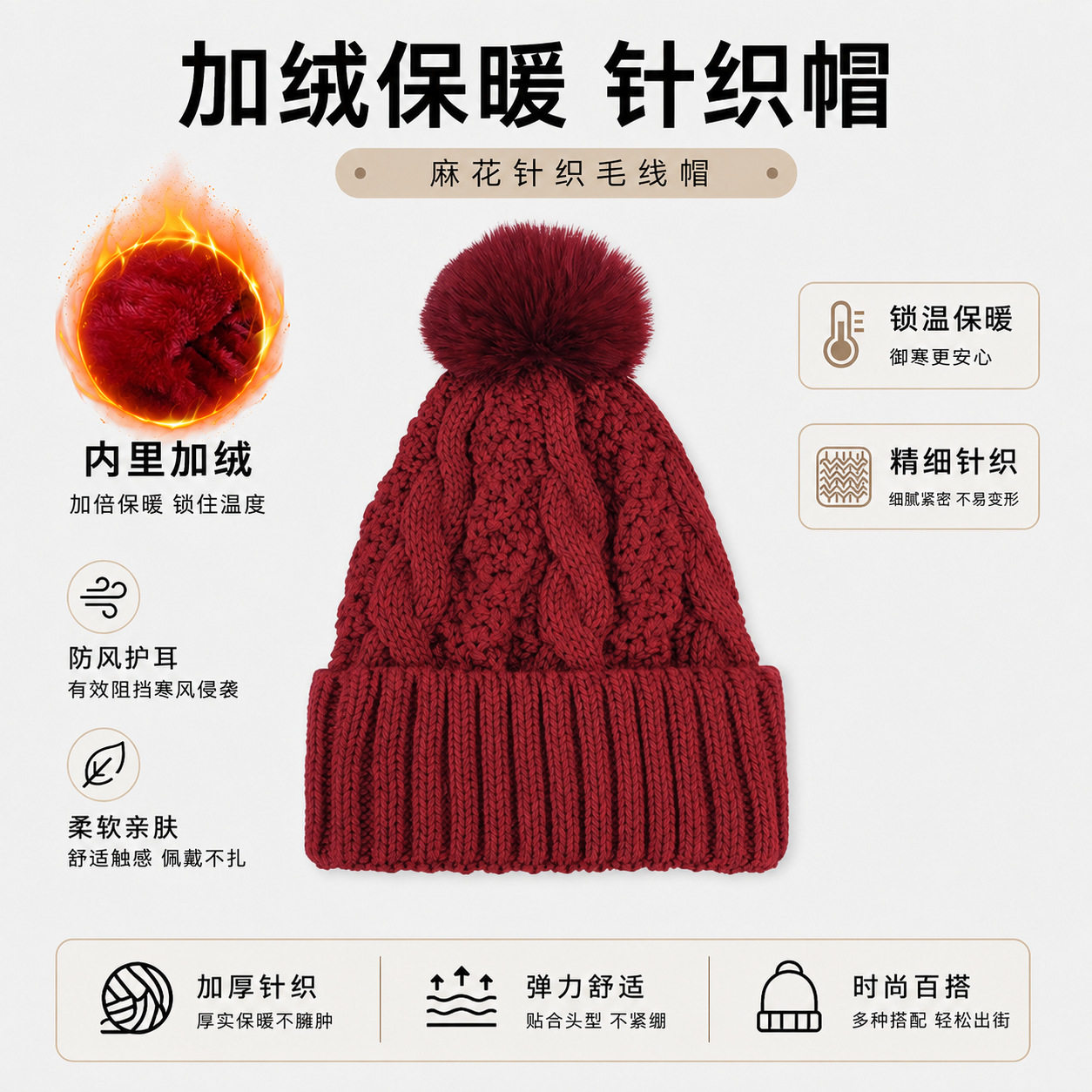 加绒毛线帽女款冬季保暖加厚百搭冷帽防风麻花针织帽护耳学生帽子