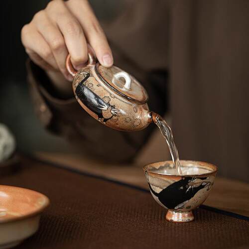 志野猫筱石壶 迷你小号陶瓷茶壶球孔过滤泡茶单壶 窑变复古手绘银