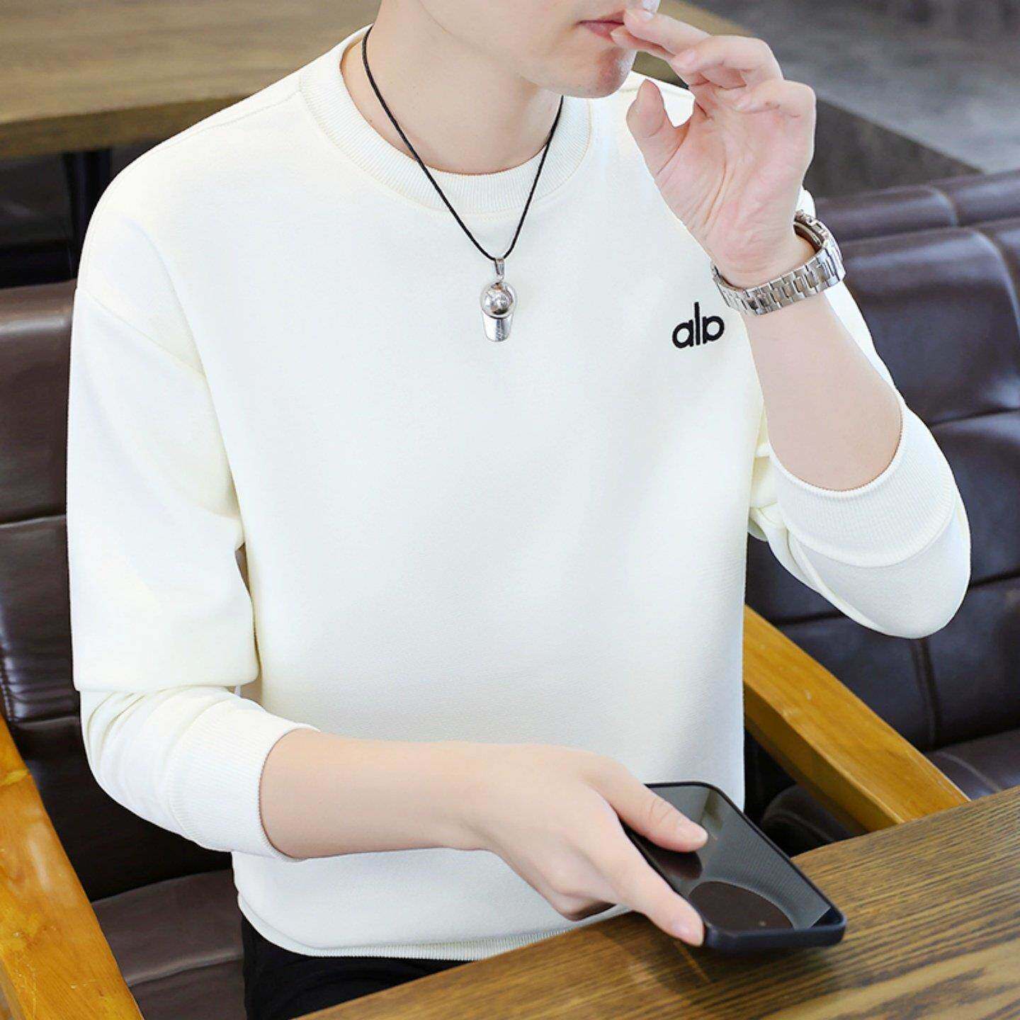 圆领卫衣男纯棉春秋季纯色宽松刺绣男士长袖T恤套头薄款打底衫潮