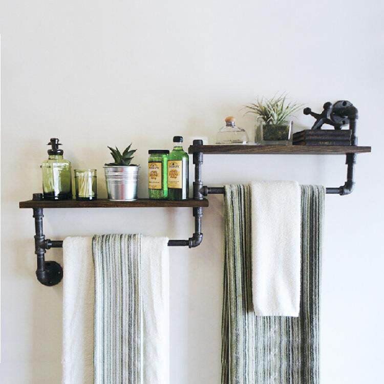 美式复古卫生间铁艺水管壁挂毛巾架 洗手间浴室搁板置物纸巾架