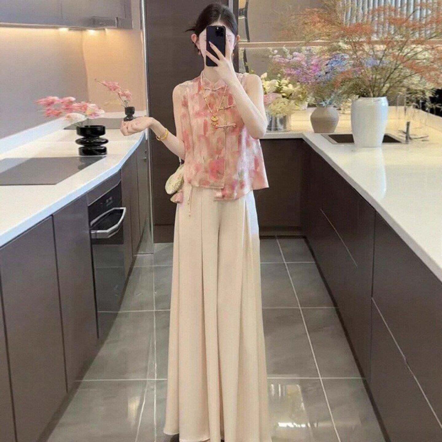 新中式国风套装女装夏季2025新款覆古粉色盘扣宽松无袖上衣阔腿裤