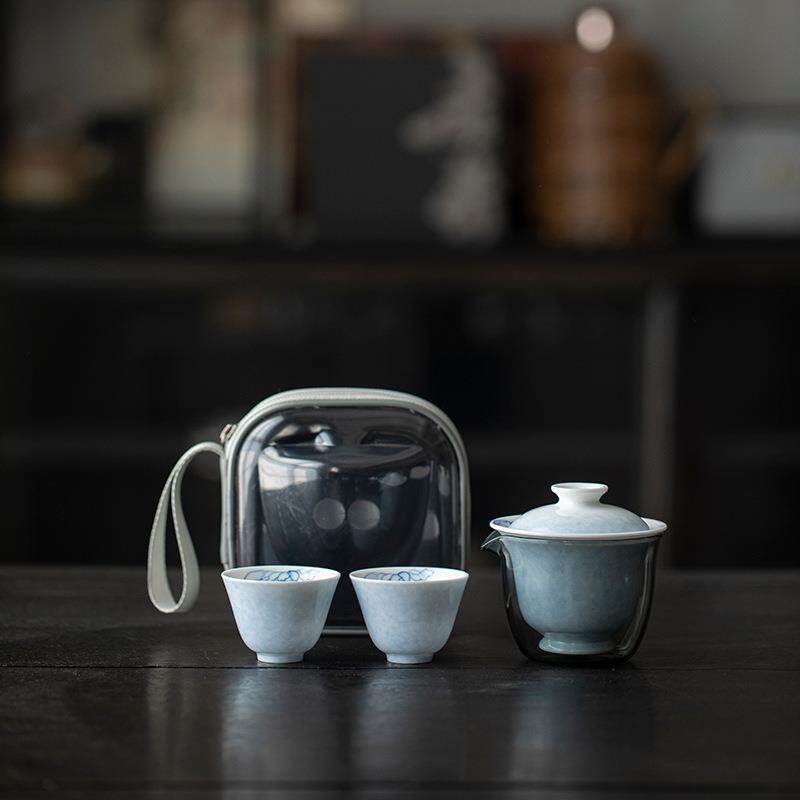 手绘蝶恋花便携旅行茶具套装陶瓷快客杯户外个人一壶两杯单人泡茶