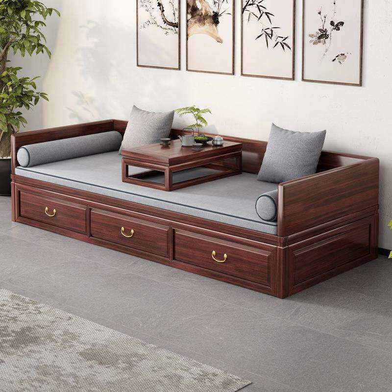新中式罗汉床实木乌金木推拉床客厅贵妃榻伸缩储物带抽屉箱沙发床