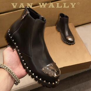 WALLY欧美潮牌冬季 皮靴男士 新款 真皮黑色铆钉时尚 马丁靴男款 VAN