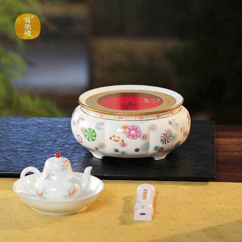 莺歌烧新品 珐琅彩团花纹陶瓷电陶炉 复古女性精致下午茶煮茶炉