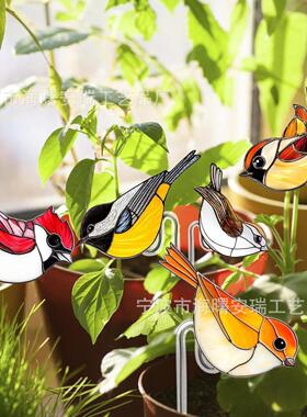 跨境亚克力平面蝴蝶小鸟盆载装饰Stained glass花园盆载插件道具