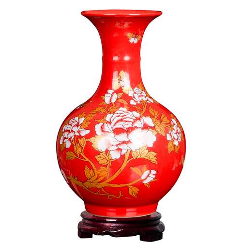 景德镇陶瓷器中国红色花瓶插花器家居客厅小瓷瓶摆件结婚装饰品h1