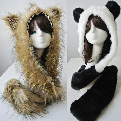 Warm shawl hat, artificial fur rabbit ear gloves, cute