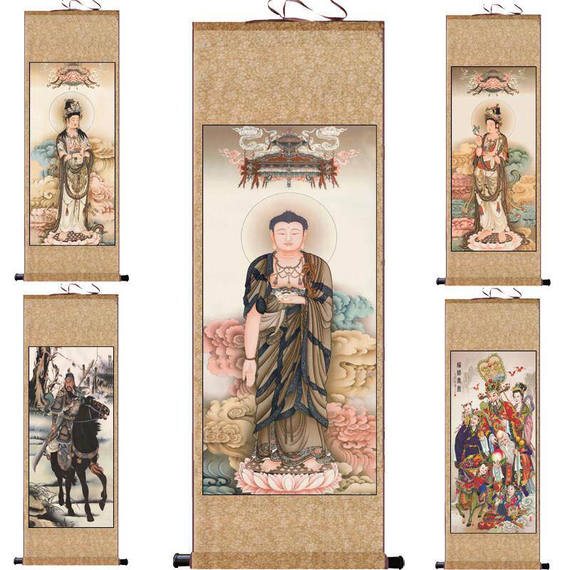 西三圣佛像高清观音阿弥陀佛肖像佛寺寺庙装饰挂画卷轴画