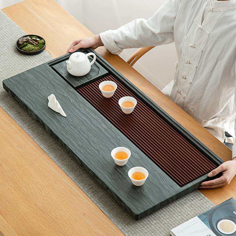 天然绿木纹石茶盘茶台家用简约乌金石材电木大小号茶托盘茶具茶海
