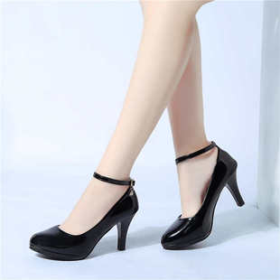 2020新款工作鞋女黑色高跟鞋职业一字扣绑带中跟礼仪面试正装皮鞋