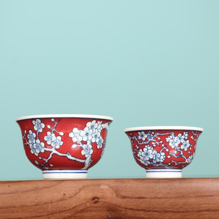 釉下彩纯手工冰梅压手杯黄稀土珍藏品主人杯青花红梅60年代老厂货