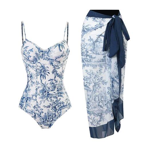 Womens Ethnic Plants Print Cami Bodysuit & Contrast Mesh