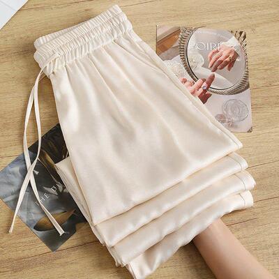 国风醋酸缎面印花薄款阔腿裤女夏季新款凉凉裤显瘦冰丝直筒裤