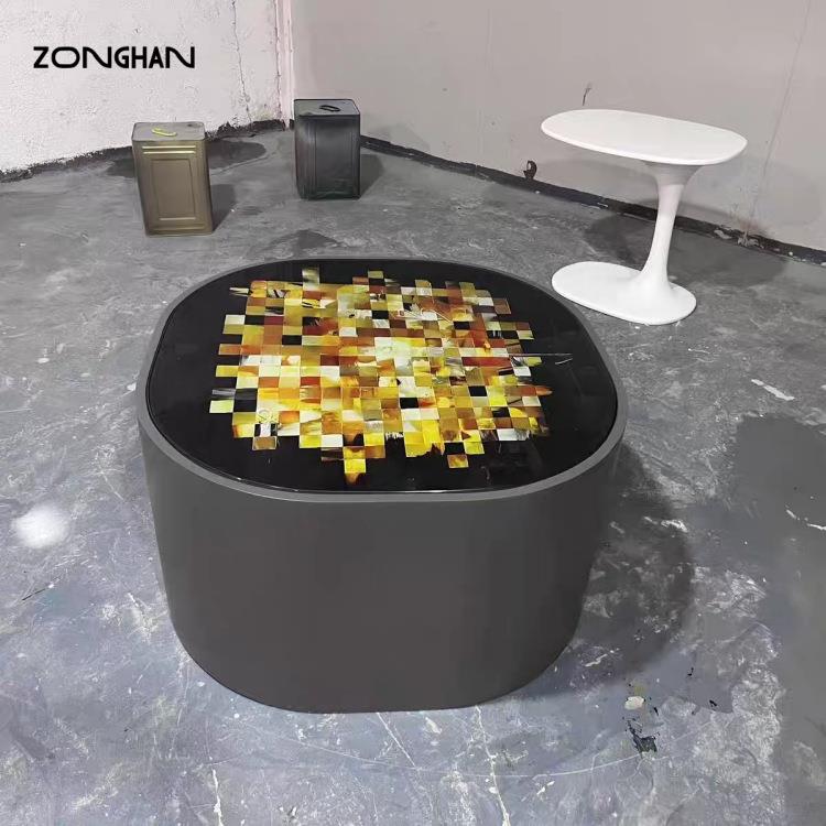 现代轻奢烤漆玻璃钢茶几艺术彩绘圆形茶桌酒店客厅样板房洽谈桌