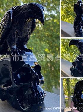 跨境骷髅与乌鸦装饰品摆件家居庭院设计黑色乌鸦骷髅户外装修摆件