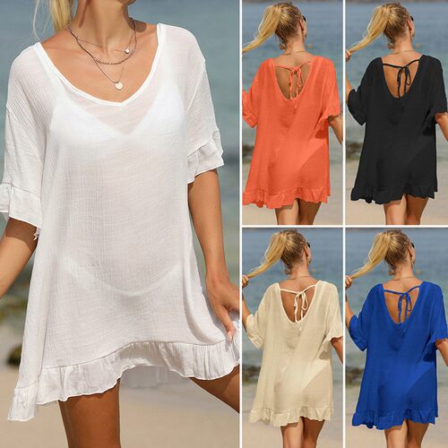 Women'S Solid Sheer Ruffle Hem Tie Back Cover Up Casual
