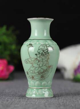 中式5/6/8/10寸花瓶绿釉描金供佛莲花插甘露圣水净水瓶佛具摆件