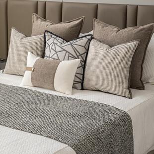 新中式 床品套件米咖色棉麻搭毯床尾巾床头靠枕民宿样板房 卧室软装