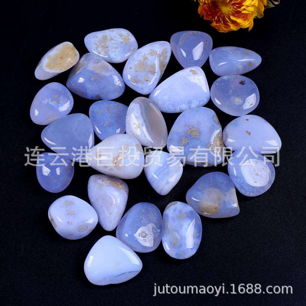 天然蓝玉髓大颗粒滚石摆件蓝纹玛瑙石蕾丝玛瑙盆景鱼缸石儿童淘矿