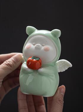 诸事大摆吉陶瓷可OEN爱小件猪茶宠精茶品茶桌边装饰工艺品玩小柿