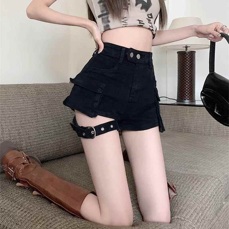 牛仔工装短裤绑带设计女春季2025年显腿长短款热裤子黑色潮流显瘦