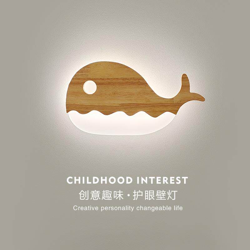 儿童房壁灯创意原木月亮走廊灯过道灯款日式实木卧室床头灯