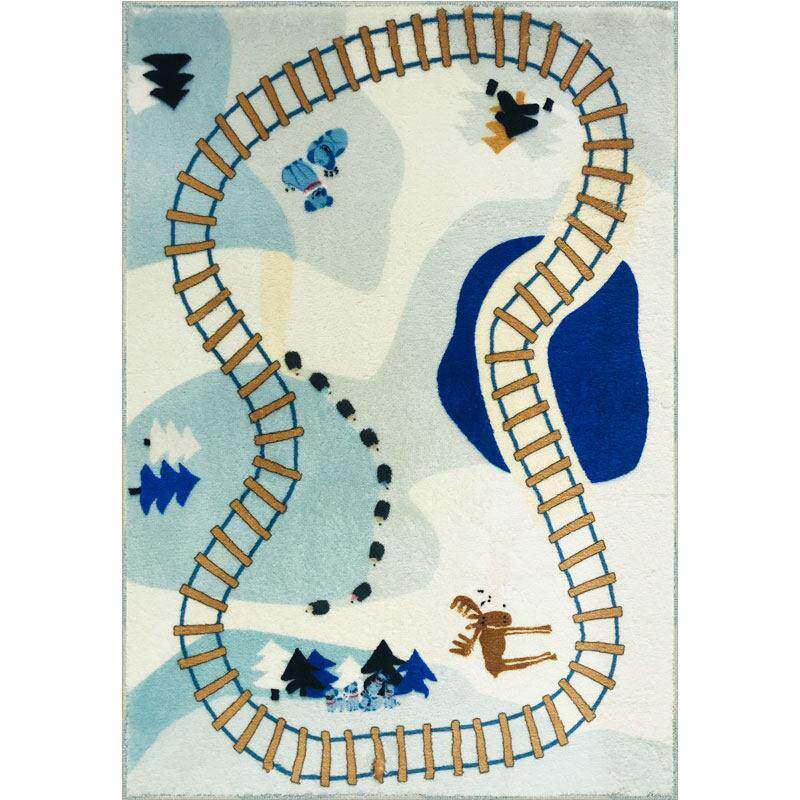 儿童房间地毯卧室床边毯男孩阅读区地垫子蓝色火车轨道防滑可擦洗