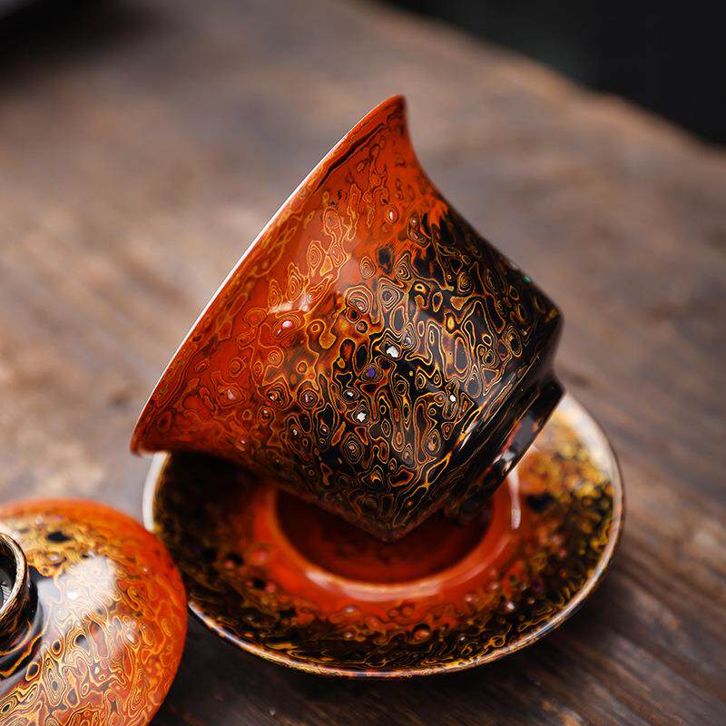 非遗大漆渐变三才盖碗螺钿犀皮漆泡茶杯陶瓷茶具纯手工漆器