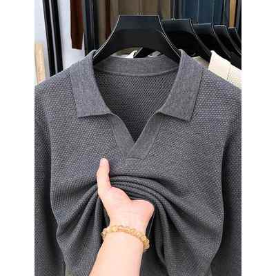 老钱风长袖翻领针织衫男早秋新款V领毛衣高级感菠萝针海鸥领上衣