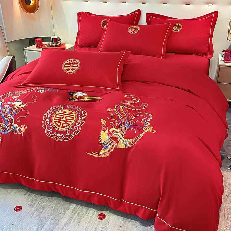 高端结婚水洗棉四件套婚庆大红色被套床单床笠新婚嫁刺绣床上用品