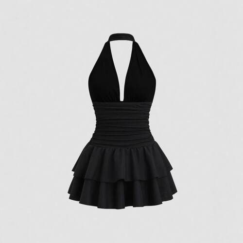 Women's Solid Ruched Halter Neck Dress Chic Elegant Casual