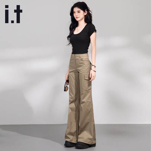 it izzue美式辣妹工装休闲裤女2025秋季新款微喇时尚显瘦拖地长裤