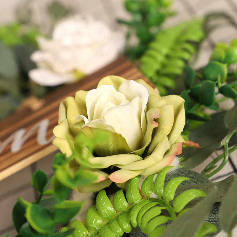 鸿禹仿真尤加利装饰花圈柳叶花语玫瑰木板花环家居欢迎牌门挂