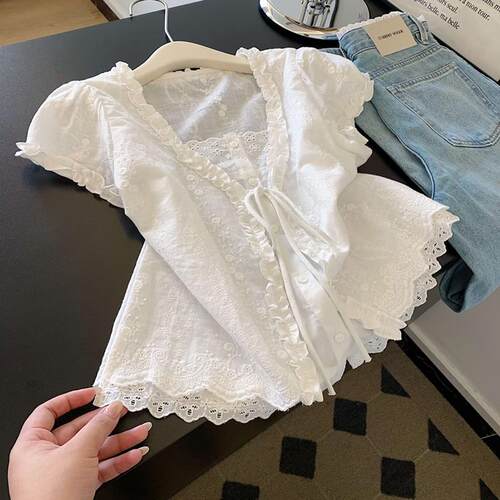 高端小资大尺码微胖法式蕾丝短袖衬衫女装夏季休闲白色衬衣0415k