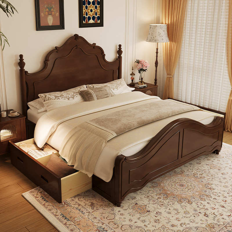 美式复古床架带床头小户型家用木床1米5胡桃色实木床加床垫单人床