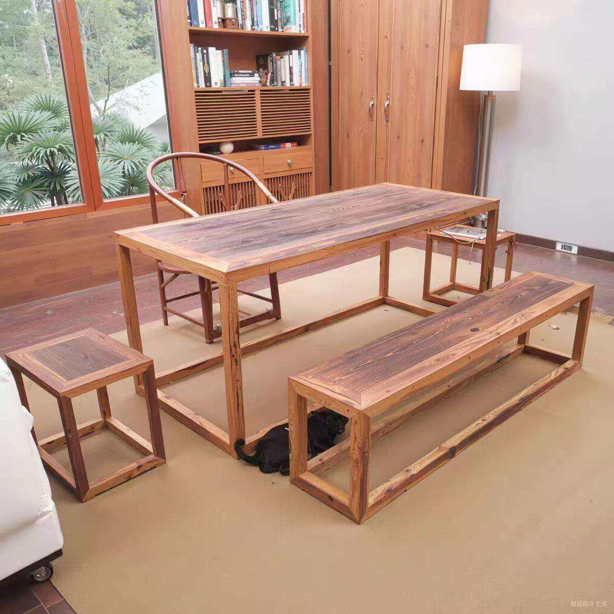 老榆木餐桌椅组合家用长方形餐桌实木民宿酒店餐桌茶室洽谈桌椅