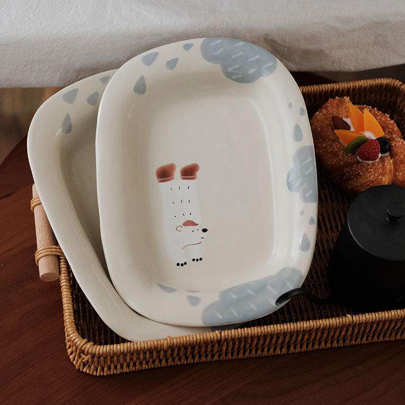 川谷原创哑光云朵白熊大方盘家用陶瓷餐具日式可爱陶瓷盘子