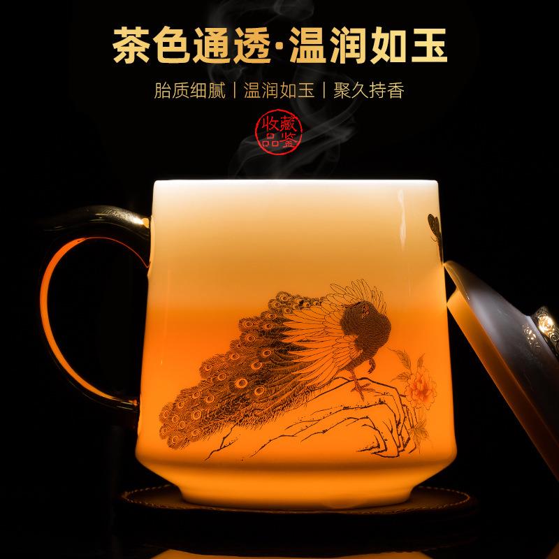 渡景山房白玉瓷水杯描金陶瓷茶水分离办公杯带盖过滤泡茶杯礼盒装