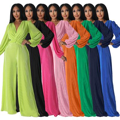 Women's collar pleated fabric long sleeved waist cinched