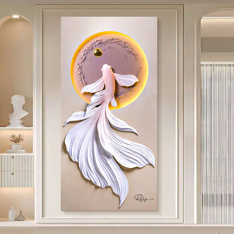 福雕锦鲤鱼3d玄关立体装饰画正对门过道浮雕画挂画客厅背景墙灯光图片