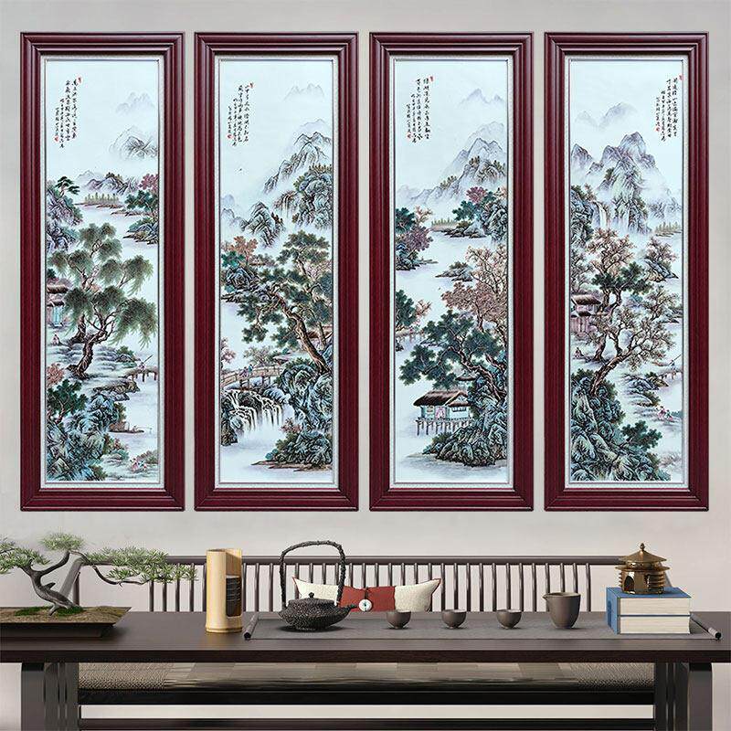手绘瓷板画景德镇陶瓷馆挂画壁画中国入口客厅墙面装饰画四屏