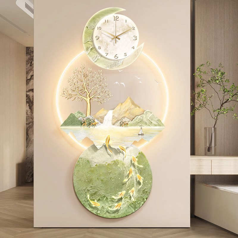 轻奢入户玄关装饰画奶油风挂钟高级感走廊过道挂画山水壁画钟表画