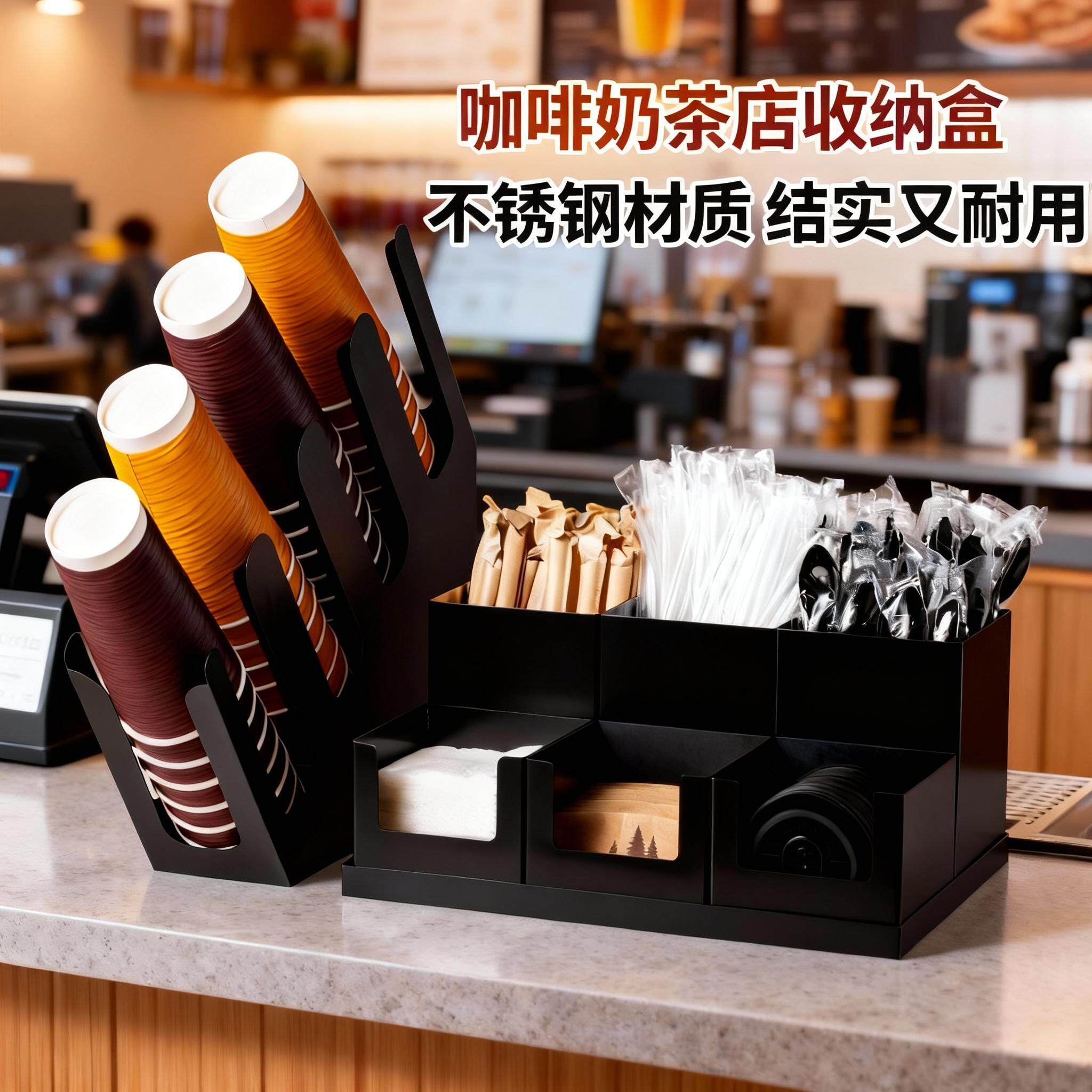 奶茶店专用杯架不锈钢取杯架咖啡杯展示放置架商用吸管纸巾收纳盒