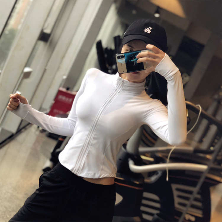 帅气立领运动外套女显瘦短款拉链开衫健身夹克弹力套指瑜伽服长袖