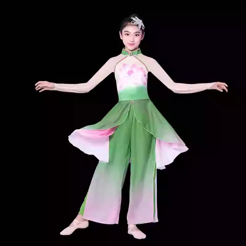 高档北新款儿童秧歌服演女出服州秧歌童东手胶绢扇子舞斗笠舞渔梦