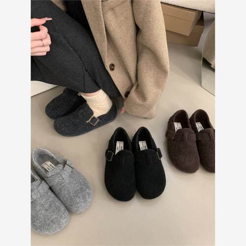 潮牌毛呢灰色内增高勃肯鞋厚底加绒保暖棉鞋毛毛鞋女外穿毛毡单鞋